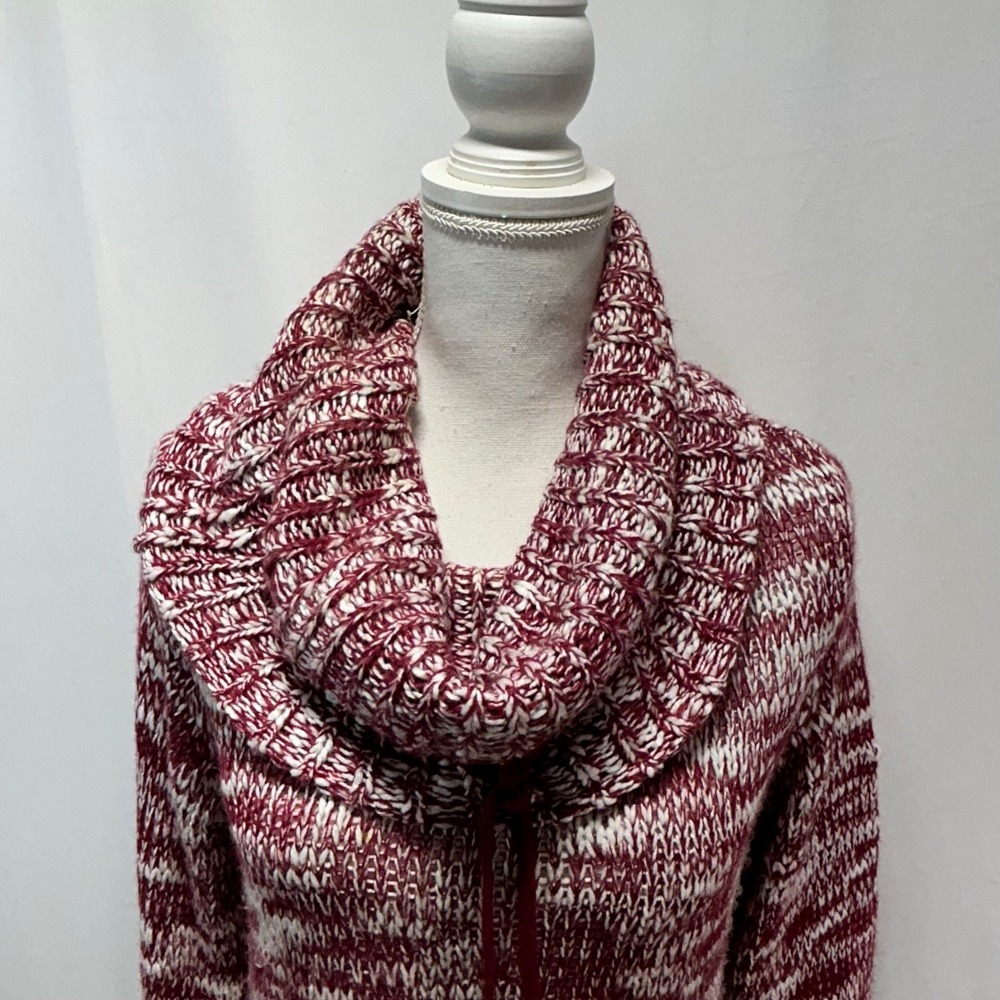Womens Marled Burgundy White Cowl Neck Tunic Sweater Drawstring - Picture 2 of 9